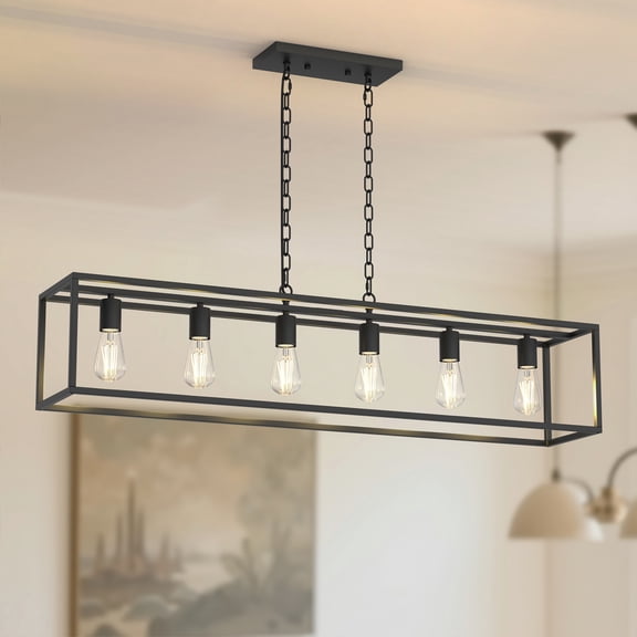 YANSUN 6-Light Matte Black Farmhouse Rectangular Chandelier for Kitchen Island or Dining Room