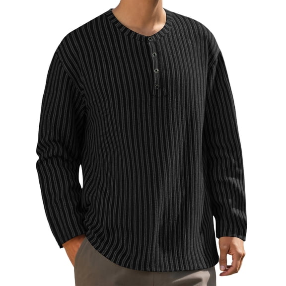Curuila Mens T Shirts Long Sleeve Solid Color Crew Neck Button Down Pullover For Men Loose Fit Casual Tops Black Size L