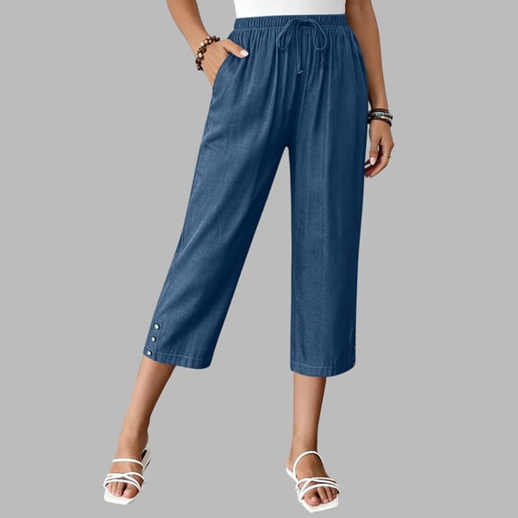 Womens Capri Pants Solid Color 3/4 Wide Leg Cropped Palazzo Pants Summer High Elastic Waist Casual Loose Work Trousers with Pockets Beach Vacation Travel Hiking Clothes