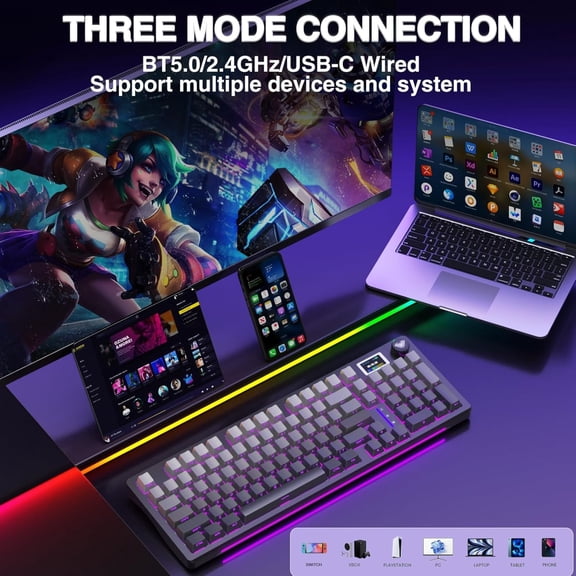 AULA S98 Pro 99-Key Wireless Mechanical Gaming Keyboard, RGB Illuminated, Tri-Mode, Hot-Swappable, Knob, Smart Screen, Compact 96%, USB-A, Purple Blue