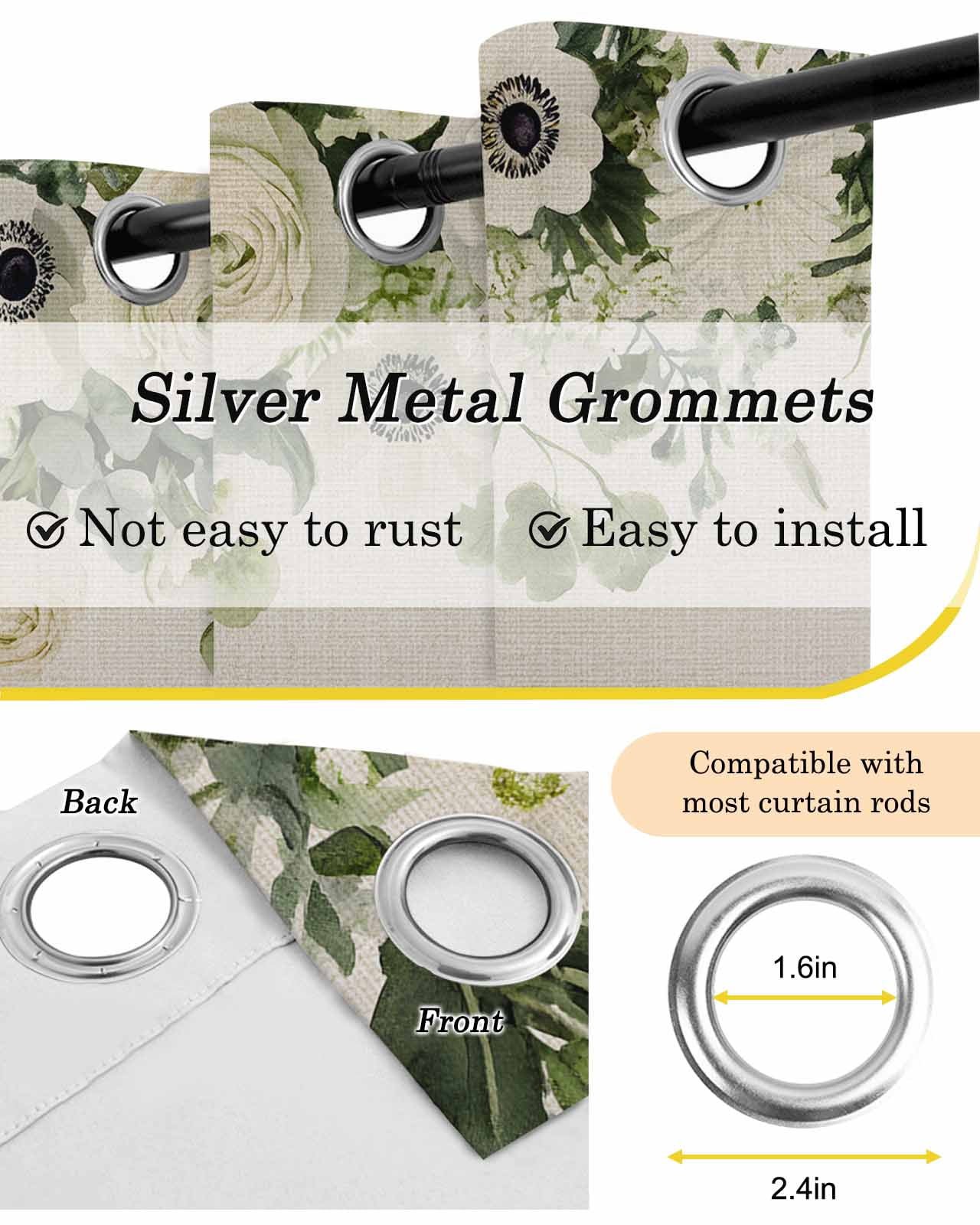 Spring Flower Blackout Curtains 63 Inch Length Watercolors White Wildflowers Green Leaves Linen Texture Thermal Insulated Window Curtain Window Drapes 2 Panels for Bedroom Living Room 52"Wx63"L