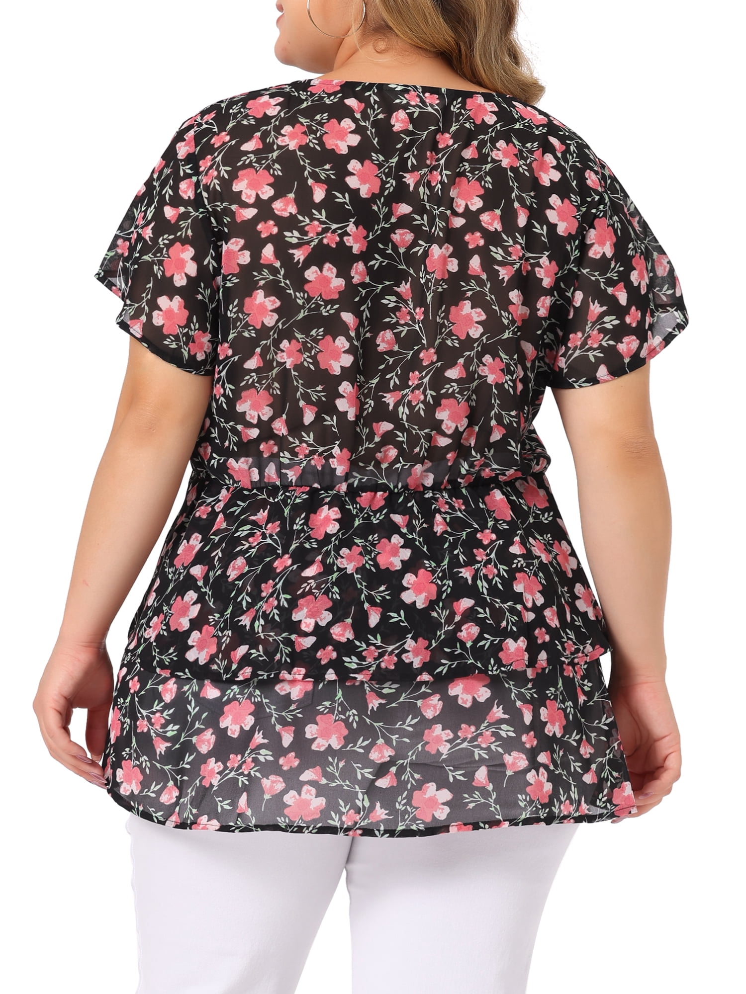 Unique Bargains Women's Plus Size V Neck Flare Floral Print Sleeve Tiered Peplum Top