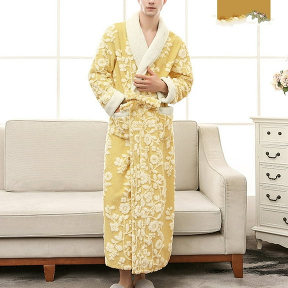 uublik Mens Robe Shawl Collar Bathrobe Soft Warm Flannel Fleece Spa Robes House Coat Pajamas Yellow