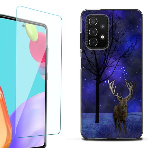 Slim-Fit Flexible TPU Gel Phone Case (black) for Samsung Galaxy A52 5G, with Tempered Glass Screen Protector, by OneToughShield ® - Midnight Deer