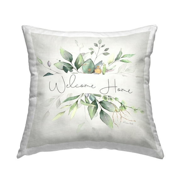Stupell Industries Welcome Phrase Botanical Sprigs Square Decorative Printed Throw Pillow, 18 x 18
