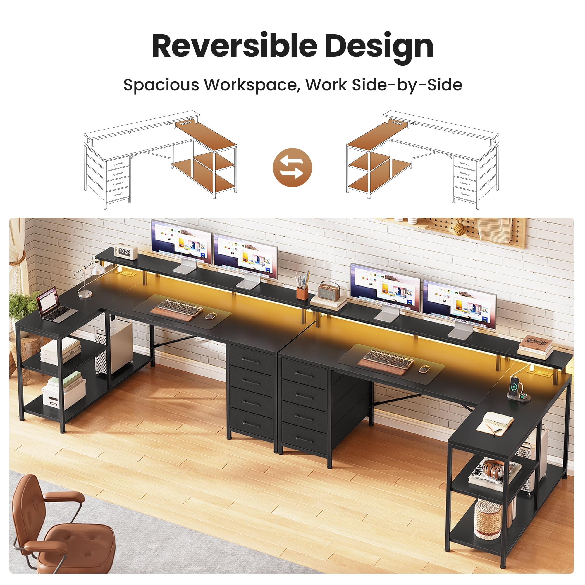 47" Gaming Desk with Power Outlets & LED Lights, L Shaped Desk with Fabric Drawers & CPU Stand, Corner Computer Desk with Open Shelves for Small Space, Black