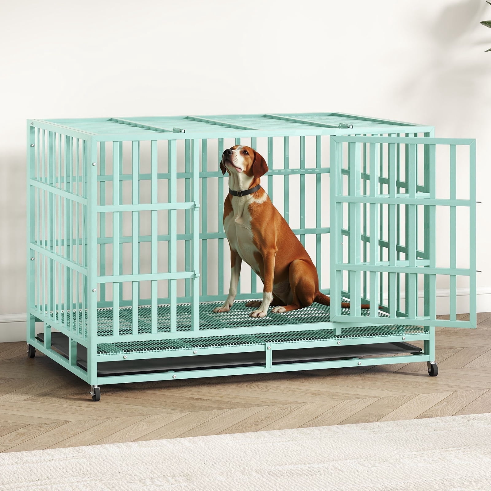 TIME RAY 48" Dog Crate, Heavy Duty Dog Crate Cage for Outdoor and Indoor with Removable Tray,Green