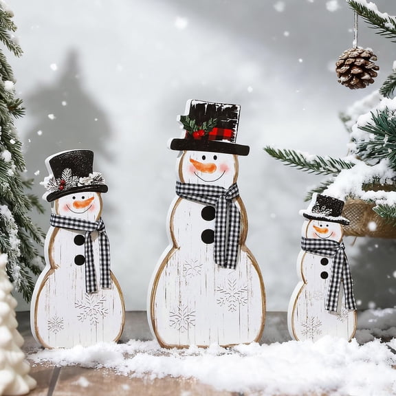 Gaecuw Christmas Snowman Wooden Tabletop Decor Set, Cute Top Hat Sign Ornament for Holiday, Rustic Winter Gnome Figure for Mantel Shelf, 3Pcs