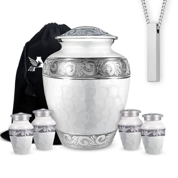 Set of 6 White Patch Aluminum Cremation Urns – 1 Large Adult Urn, 4 Small Keepsake Urns & 1 Memorial Necklace for Ashes