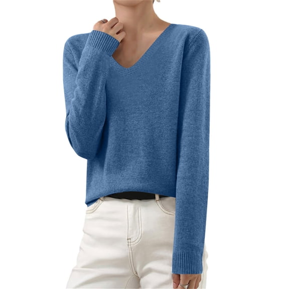 JGTDBPO Sweaters for Women Solid V-Neck Knit Cotton Long Sleeve Pullover Fall Outfits Loose Comfy Layering Clothes Blue XL
