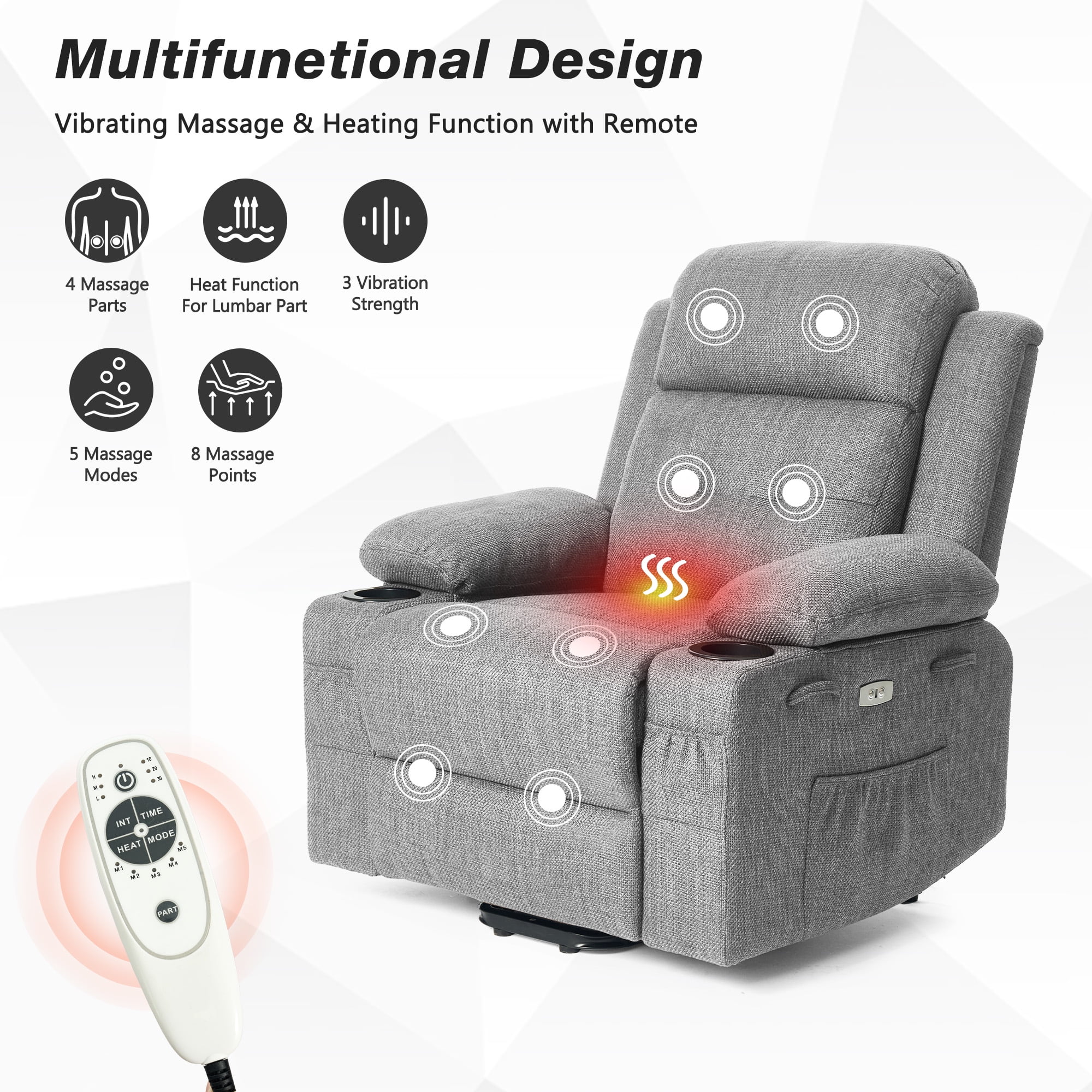 Betisef Adjustable Electric Power Lift Recliner Chair for Elderly, Massage Lift Chair W/ Heat , Assist Recliner Grey