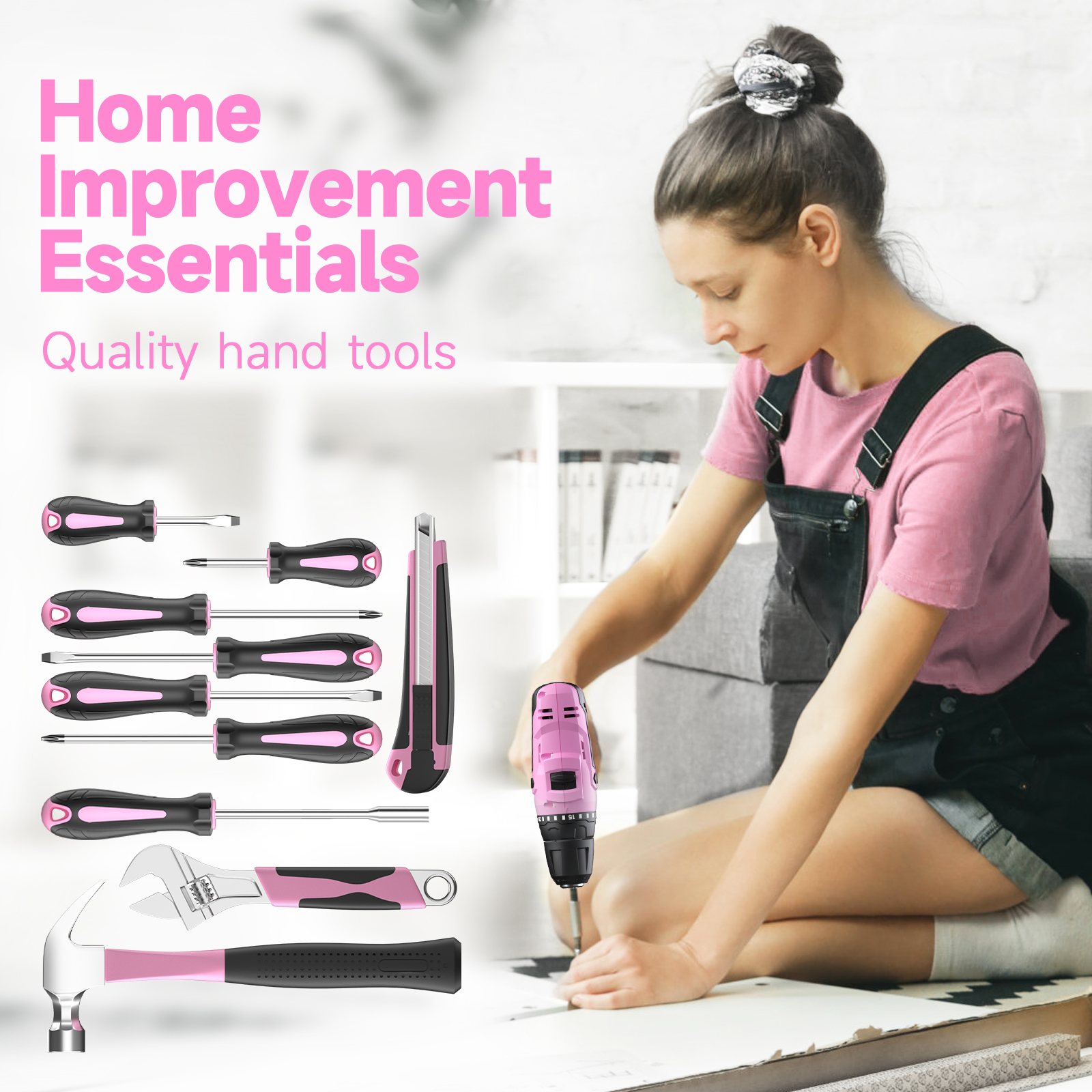 PULITUO 20V Cordless Pink Drill Kit, 238-Piece Tool Box, Electric Drill Driver with Battery, 2 Speeds, 21+1 Clutch, LED Light, Lady's Home Repair Set