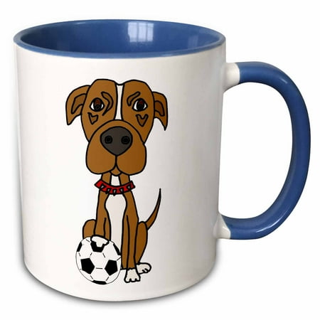 3drose, Cute Funny Brown Pit Bull Puppy Dog Playing Soccer Cartoon, 11oz Two-tone Blue Mug