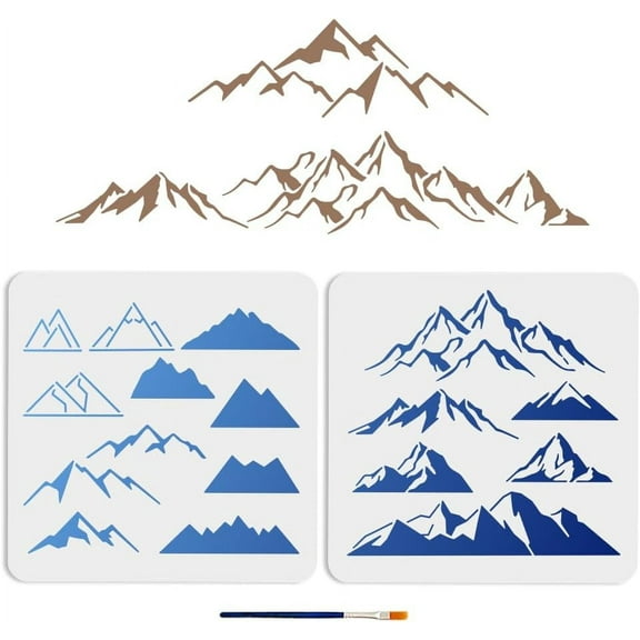 2pcs Mountain Stencils 11.8×11.8inch Planar and Three-Dimensional Mountain Stencils with Paint Brush Nature Mountains Peaks Climbing Drawing Template