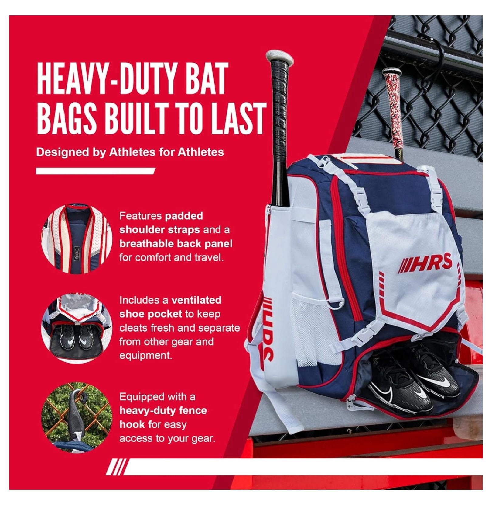 Baseball Bag, Softball Bat Bag for Youth & Adult. Holds 4 Bats, Glove, Water Bottle, Shoe Compartment, Helmet, Fence Hook for Equipment & Gear