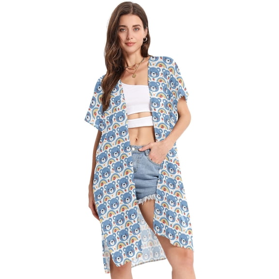 Beach Vacation Clothes Kimono Cardigan Loose Swimsuit Cover Up for Women Cute Bear Face and Strawberry S