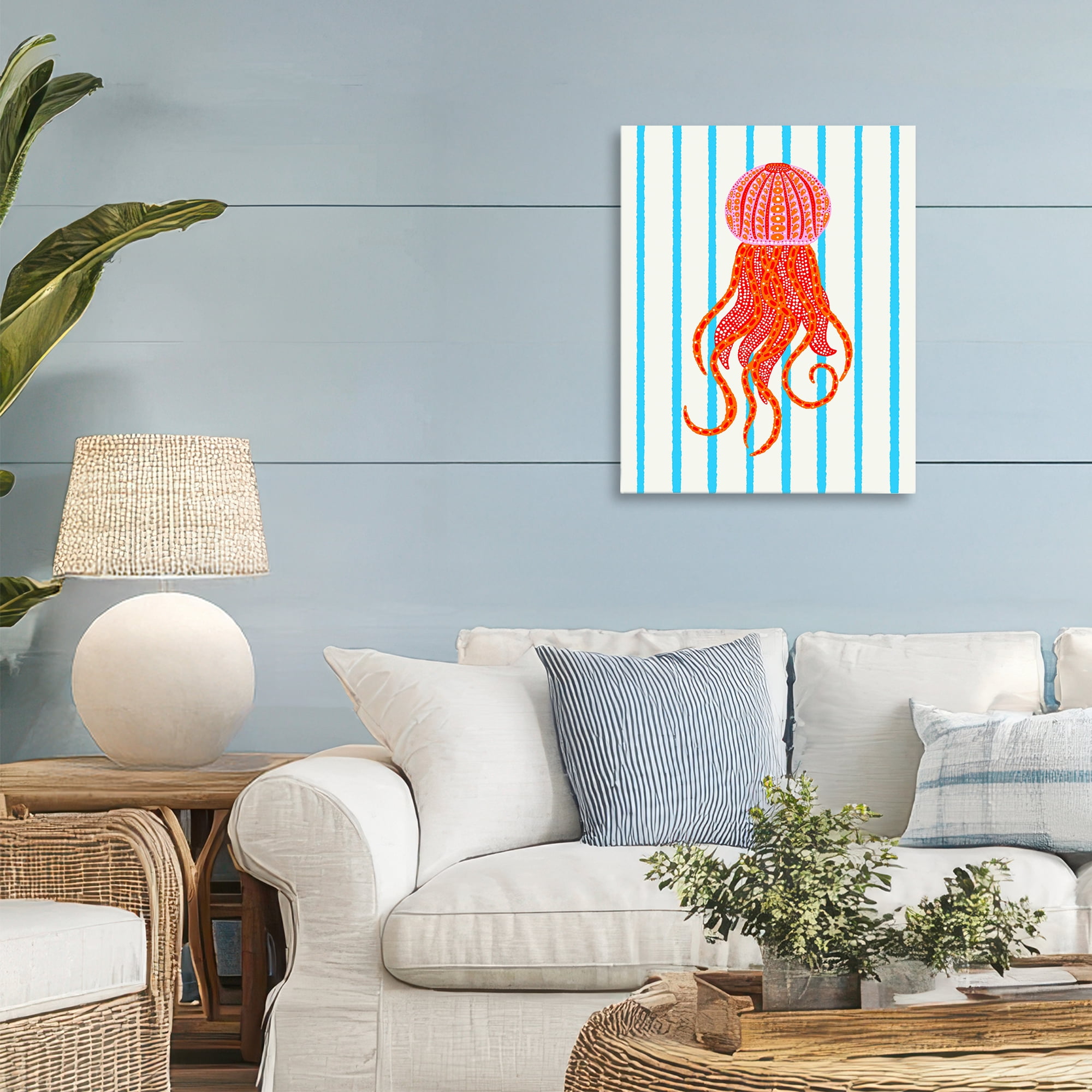 Stupell Industries Bright Aquatic Jellyfish on Stripes Canvas Wall Art, design by Indira Prieto | IndySign