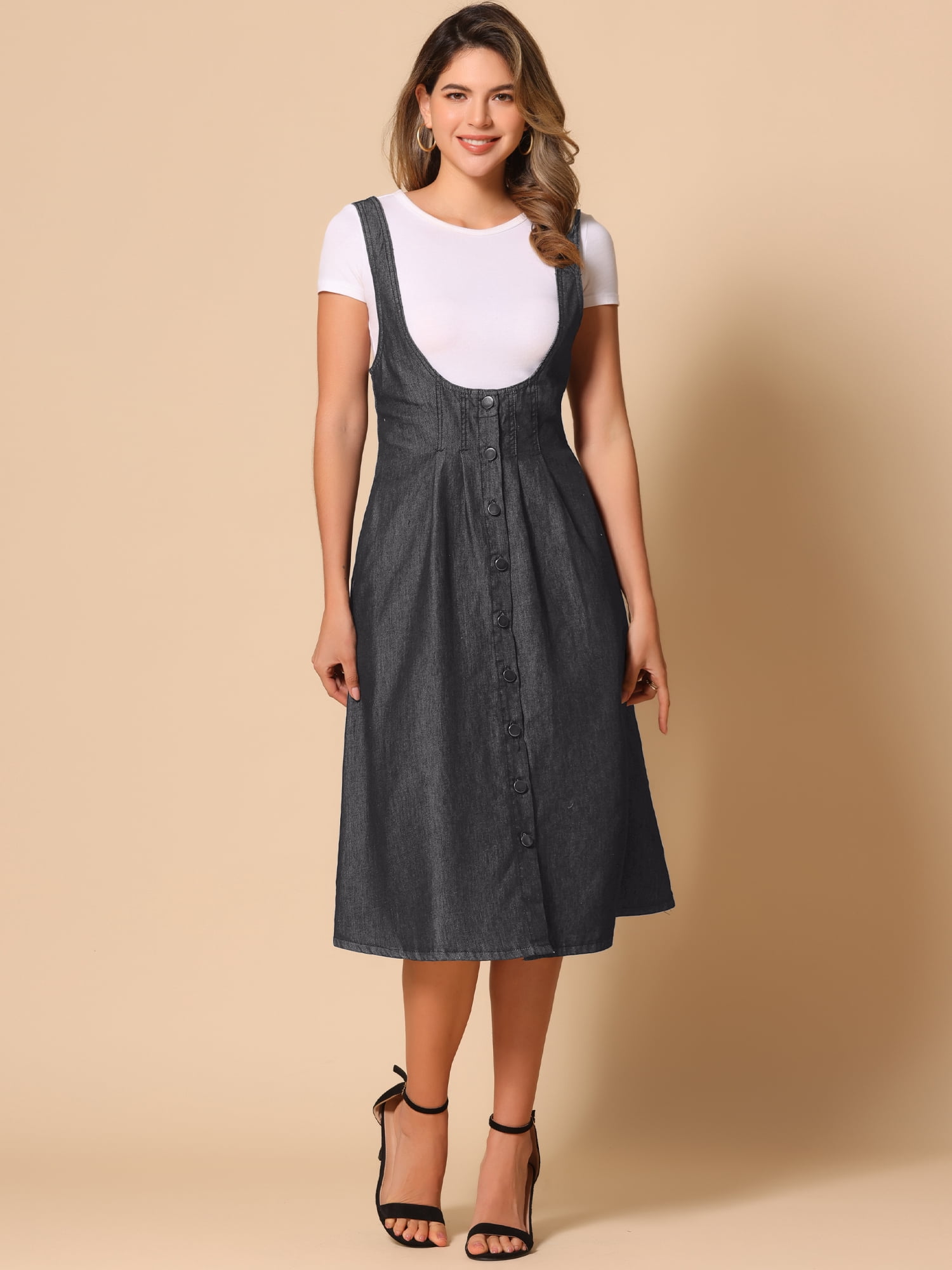 DARING DIVA Sleeveless Button Denim Overall Blouse L Black