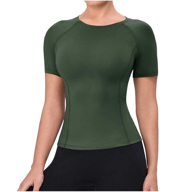 Camiseta de Manga Corta de Yoga para Mujeres Color Sólido Moda Casual Respirable Apretado Deportivo de Alta Elasticidad Camiseta de Carrera de Manga de Raglan Cuello Redondo Top de Manga Corta de Muj