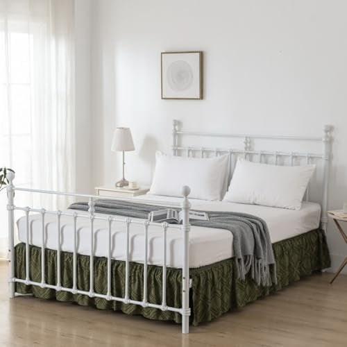 Bed Skirt Queen Size Ruffled Bed Skirt with Split Corners, 18 Inch Drop Dust Ruffle Bed Skirts with Platform, Tufted Boho Bed Skirting Queen Size, Square, Green, 18" Queen