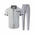 thumbnail image 4 of HBGVBA Men's Casual 2 Piece Set Solid Color Loose Elastic Waist Long Pants Button Lapel Pocket Short Sleeve Top Beach Wear Outfit, 4 of 5
