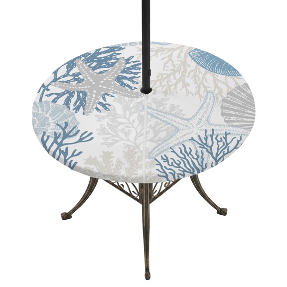 Round Outdoor Tablecloth with Umbrella Hole and Zipper, Light Blue Coastal Tablecloth with Elastic Waterproof, Grey Beige Coral Starfish Nautical Patio Table Covers for 45" - 54" Picnic Pool Tables