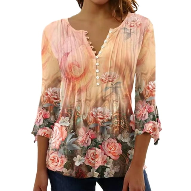 MAWCLOS Ladies Summer Tops Floral Print T Shirt V Neck T-shirt Breathable Holiday Button Tee Orange Pink 2XL
