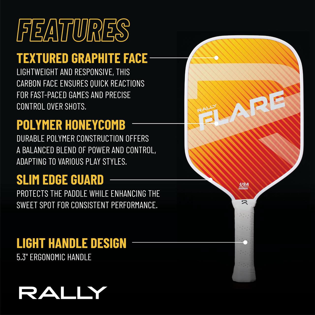 Rally Flare Graphite Pickleball Paddle – 2025 & Original Versions | Lightweight Design, Durable Polymer Core, Carbon or Graphite Face, USAPA Approved (Orange)