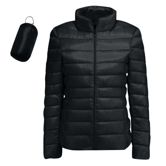 Hogleaql Womens Puffer Jacket Packable Comfortable Long Sleeve Full Zip Stand Collar Quilted Coat Insulated Water-Repellent Lightweight Puffy Jacket with Pockets Winter Outerwear Black S
