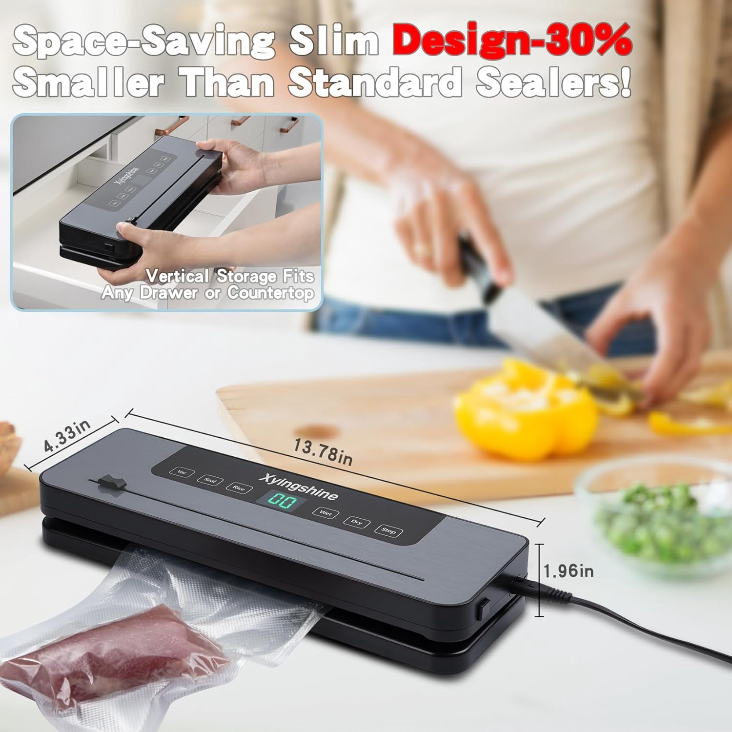 USIONE Storage Vacuum Sealer Machine- 75 Kpa 6-in-1  Compact Vacuum Sealer for Food with Digital Timer, Dry/Moist Food Modes & 100 Bags, Built-in Cutter (Sliver)