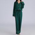 thumbnail image 2 of Defitshape Women's Satin Pajama Set 2 Piece Silk Pjs Ladies Summer Lightweight Button Up Long Sleeve Shirt Pants Set Fall Spring Cozy Sleepwear Silky Lounge Set Green Large, 2 of 5