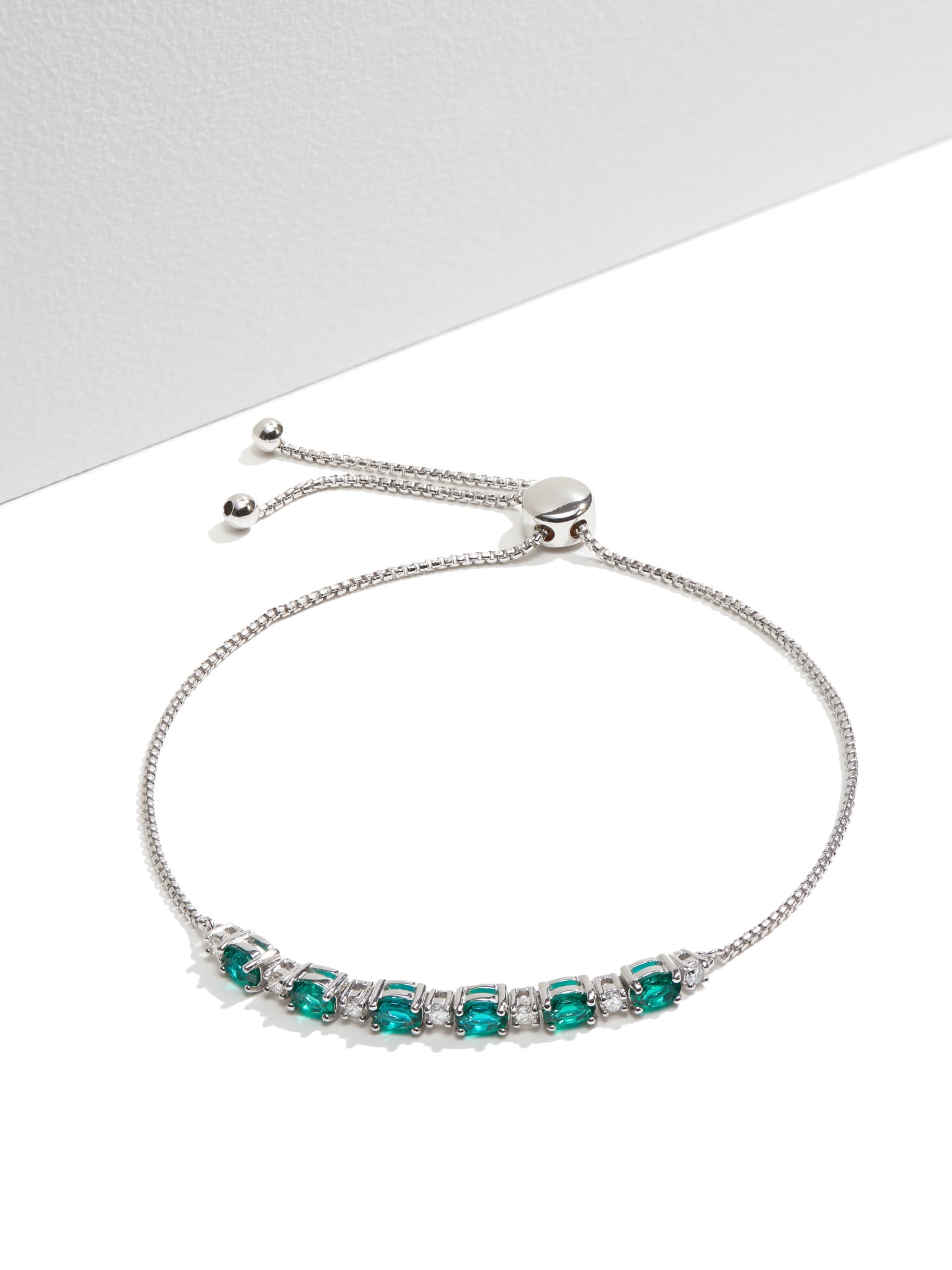 Forever Facets Lab Grown Diamond and Created Emerald Sterling Silver Bolo Bracelet, Adult Female
