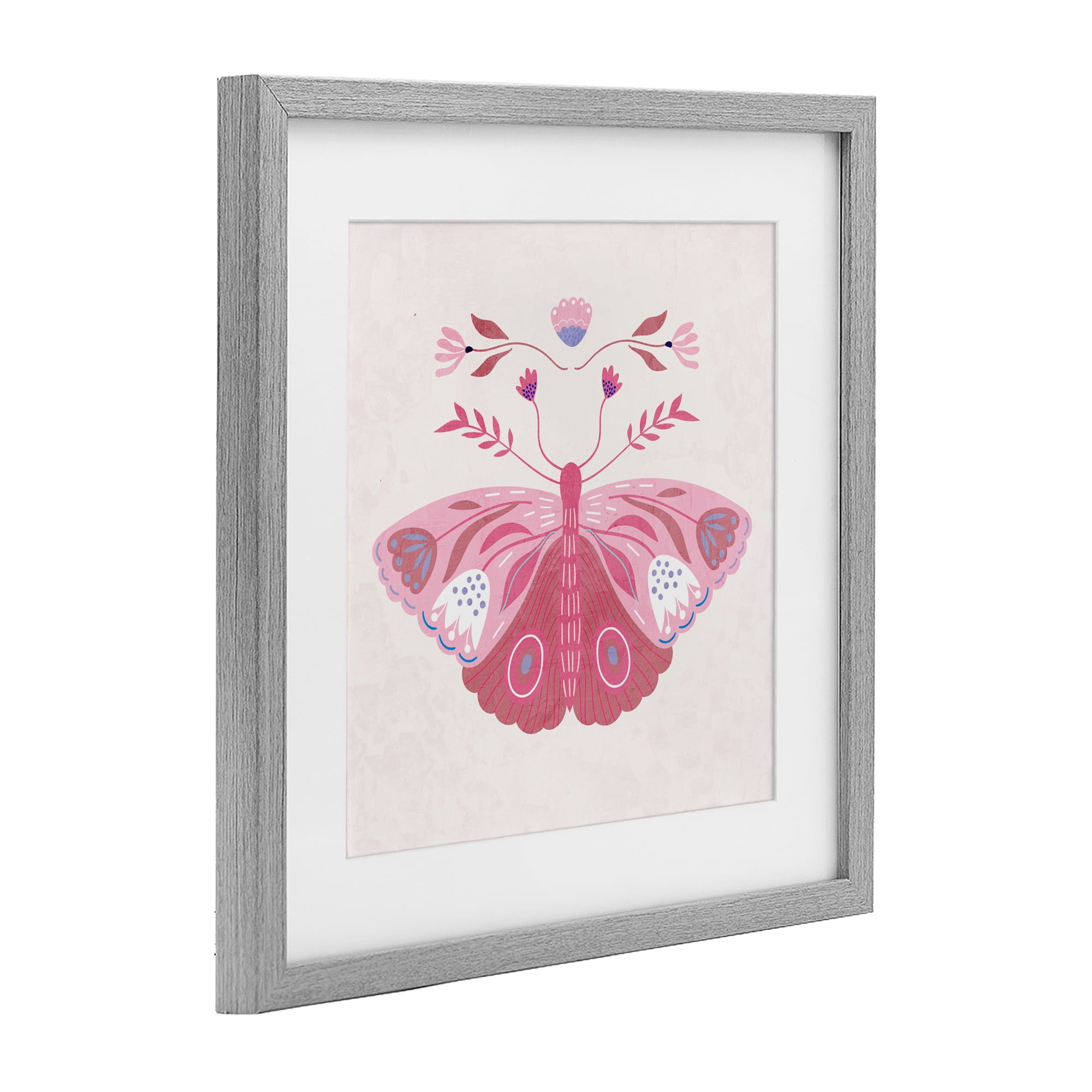 Stupell Industries Boho Pink Folk Butterfly Gray Framed Print Under Glass, design by Kim Allen
