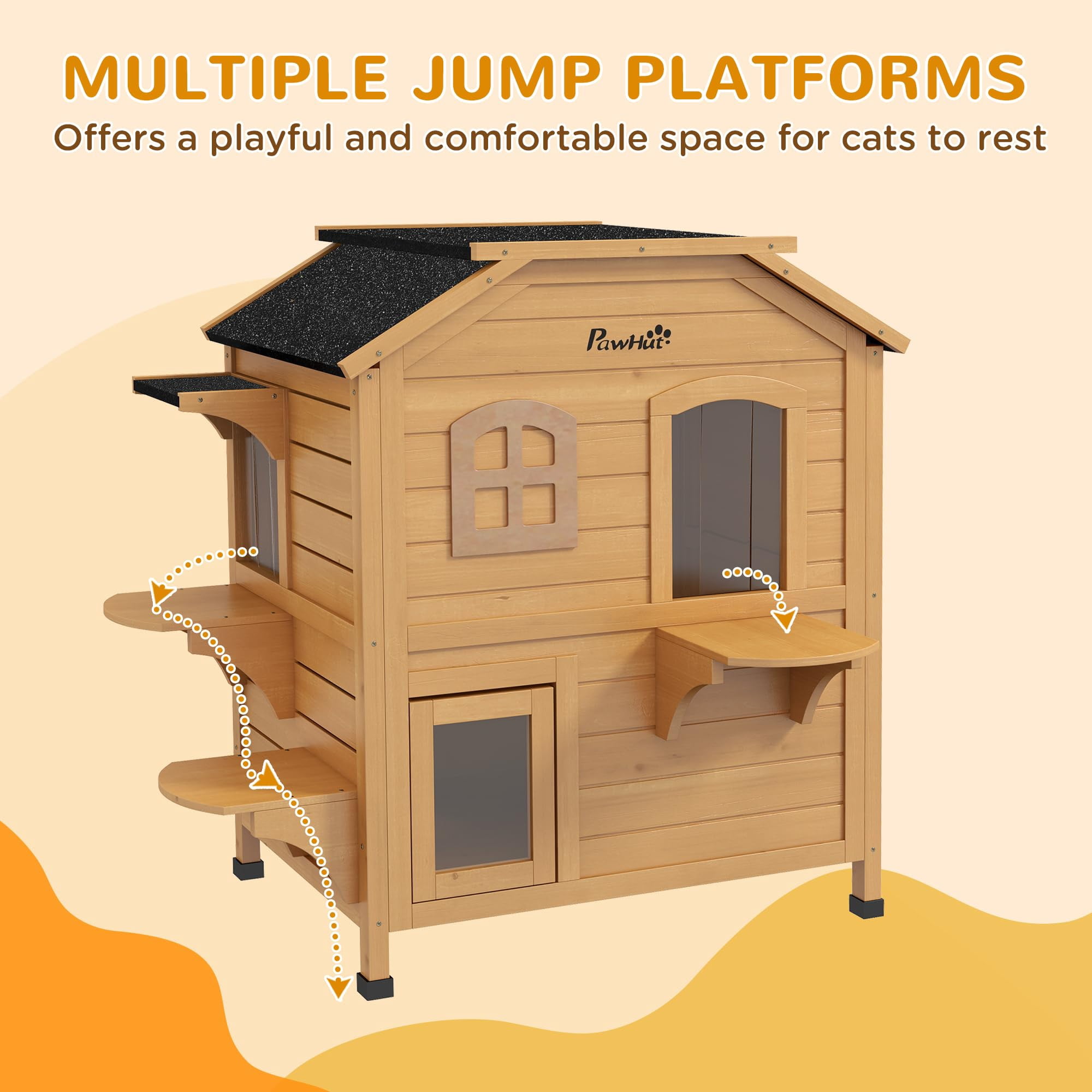 2 Story Outdoor Cat House for Feral Cats, Weatherproof Wooden Cat Enclosure with Escape Door, Openable Roof, Jumping Platforms, Natural Wood Color