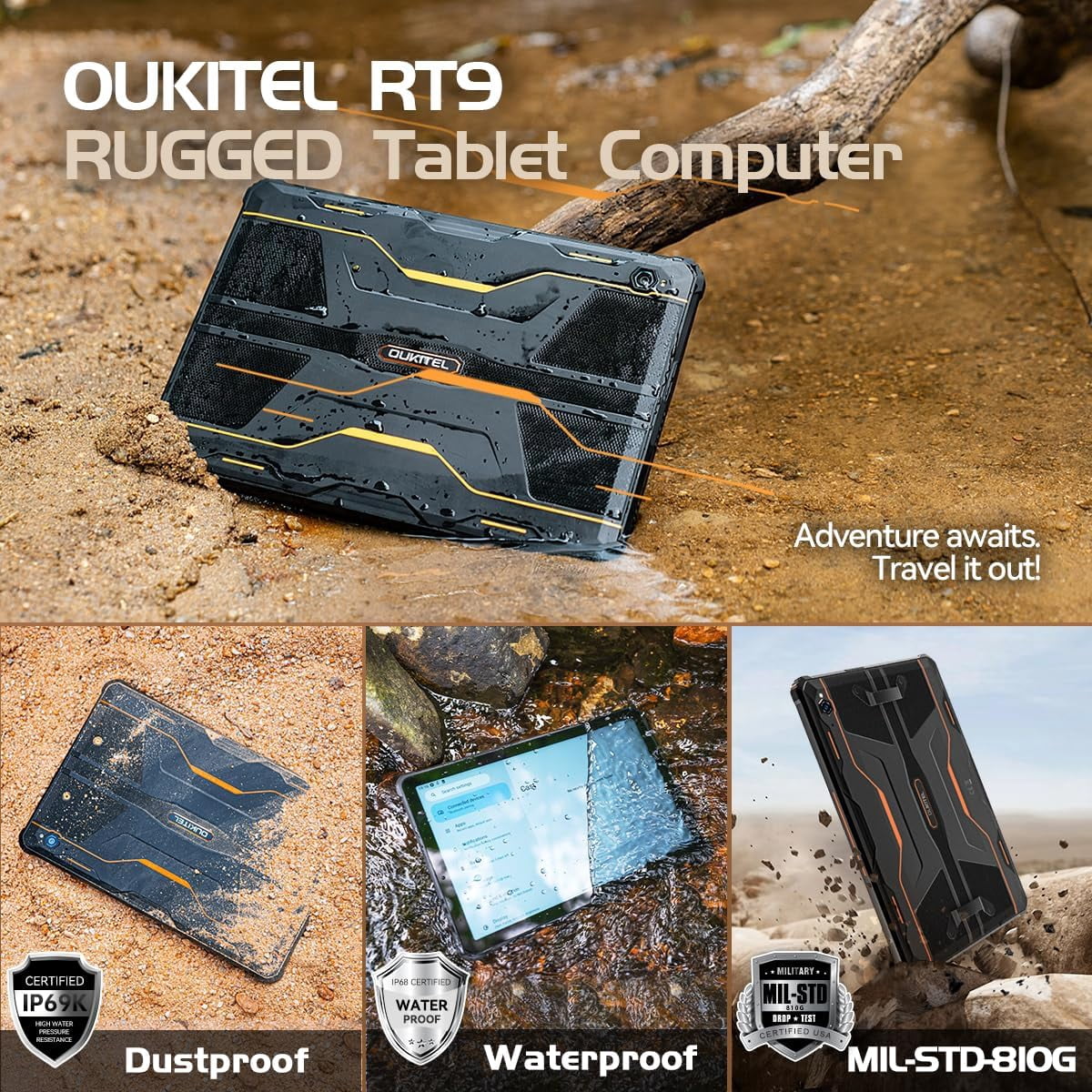 OUKITEL RT9 Rugged Tablet 10 inch Tablet Android - 24GB RAM 256GB ROM 1TB Expandable Storage, 11000mAh,16MP+16MP Camera, 4G Dual SIM Phablet Compatible with T-Mobile Tablet Computer Waterproof
