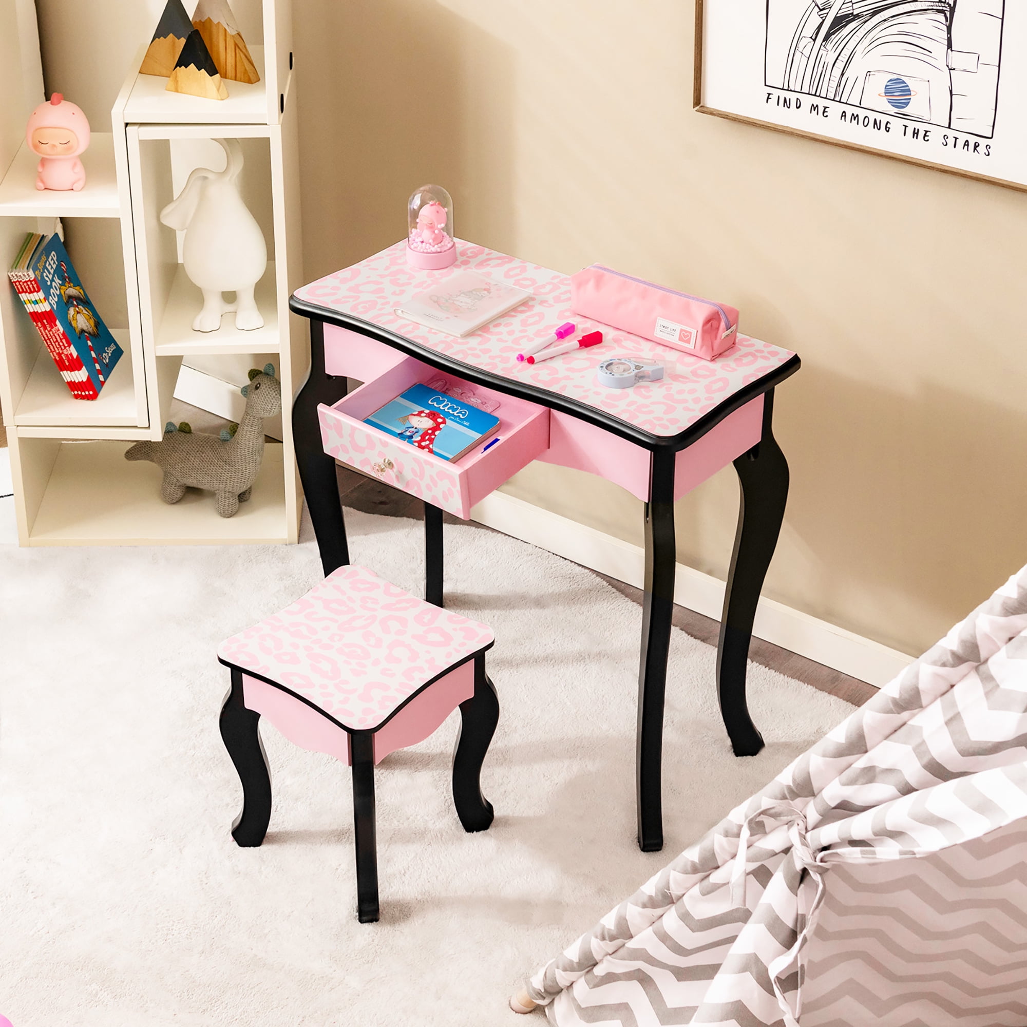 ルイパンチ♬ Costway Kid Vanity Set Wooden Makeup Table Stool Tri-Folding