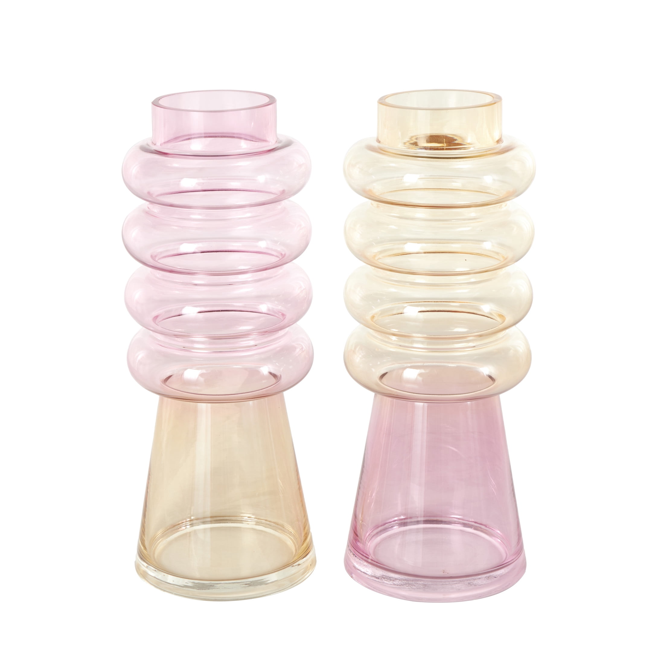 DecMode 5"W, 12"H Tinted Multi Colored Glass Vase with Color Blocks, Set of 2
