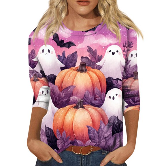 Shirts for Women Halloween Funny 3/4 Sleeve Tops Spooky Pumpkin Ghost Printed Pullover Horror Crew Neck T Shirts Holiday Three Quarter Length Blouses, 3XL