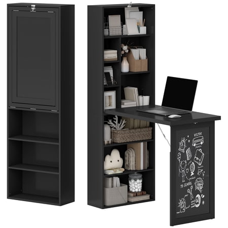 60.2 in. H Black Wood Computer Desk Wall Mount Fold-Out Convertible Office Desk Writing Table w/Blackboard and Side Shelf
