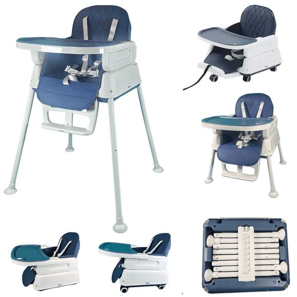 P@B PBell Baby High Chair; 7 in 1 Multi-function baby folding wheels baby feeding high chair (Dark Blue)