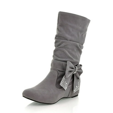 

Cathalem Tall Boots for Women Wide Calf Leather Retro Women Flock Rhinestones Bow Tie Low Heeled Rain Boots Women Mid Calf Size 9 Grey 7.5