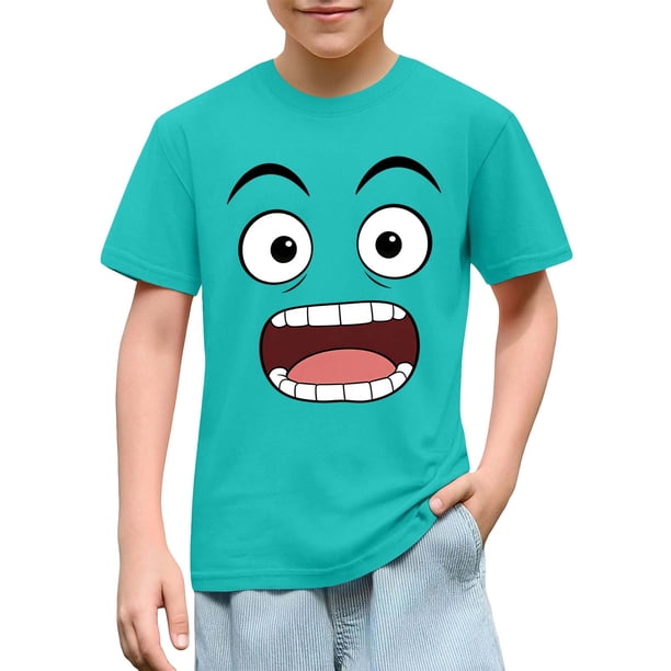 Blusas y camisas de manga corta con cuello redondo para niños y niñas, color liso, con estampado de expresión linda, manga corta, holgadas y cómodas, blusa para niña