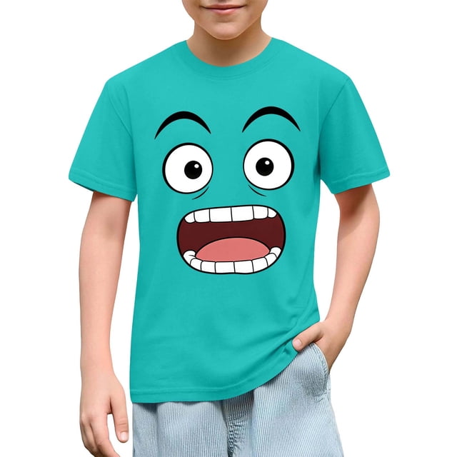 Blusas y camisas de manga corta con cuello redondo para niños y niñas, color liso, con estampado de expresión linda, manga corta, holgadas y cómodas, blusa para niña