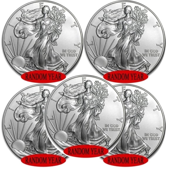U.S. Mint American Silver Eagle Coins 1 Oz .999 Fine Silver Brilliant Uncirculated (BU) Random Year, Lot of 5
