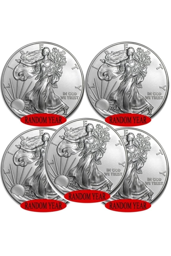 American Silver Eagle Coins 1 Oz .999 Fine Silver Brilliant Uncirculated (BU) Random Year, Lot of 5