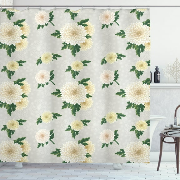 Vintage Shower Curtain, Detailed Drawing of Repetitive Blooming Chrysanthemum Beige Flowers, Fabric Bathroom Set with Hooks, 69W X 70L Inches, Coconut and Fern Green, by Ambesonne