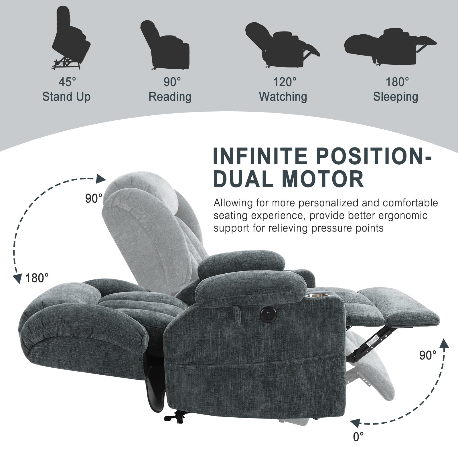 JULY'S SONG Power Recliner Chair with Heat and Massage, Dual Motor Lift Chairs for Elderly with Cup Holders, Oversized Recliners for Adults with USB & Type-C Ports, Grey Blue