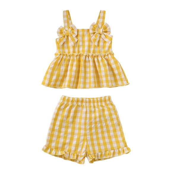 KIMI BEAR 3T Toddler Girl Summer Outfit Set 4T Child Girls Clothes Ruffle Sleeveless Off the Shoulder Plaid Top Shorts 2pcs Clothing Yellow