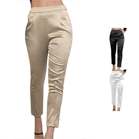 Tanghaowl Women's Pants, Women's Satin Casual Elastic High Waist Stretch Elegant Dress Pants Trousers Gold L