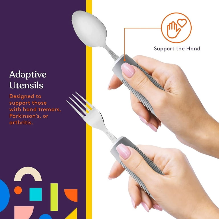 Special Supplies Adaptive Utensils (5-Piece Kitchen Set) Wide,  Non-Weighted, Non-Slip Handles for Hand Tremors, Arthritis, Parkinson?s or  Elderly Use - Stainless Steel Knives, Fork, Spoons - Grey 
